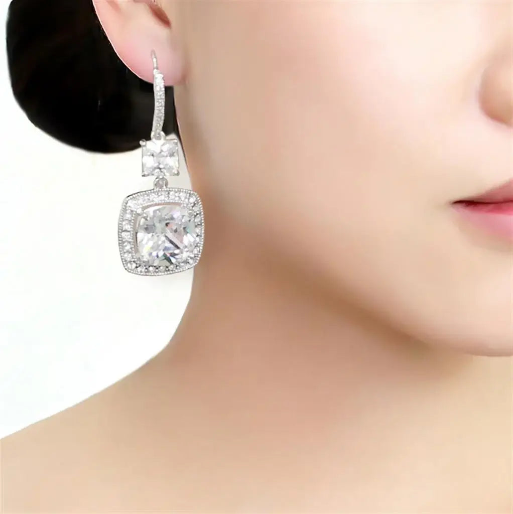 3W1477 - Rhodium Brass Earrings with AAA Grade CZ in Clear - Alamode - Flyclothing LLC