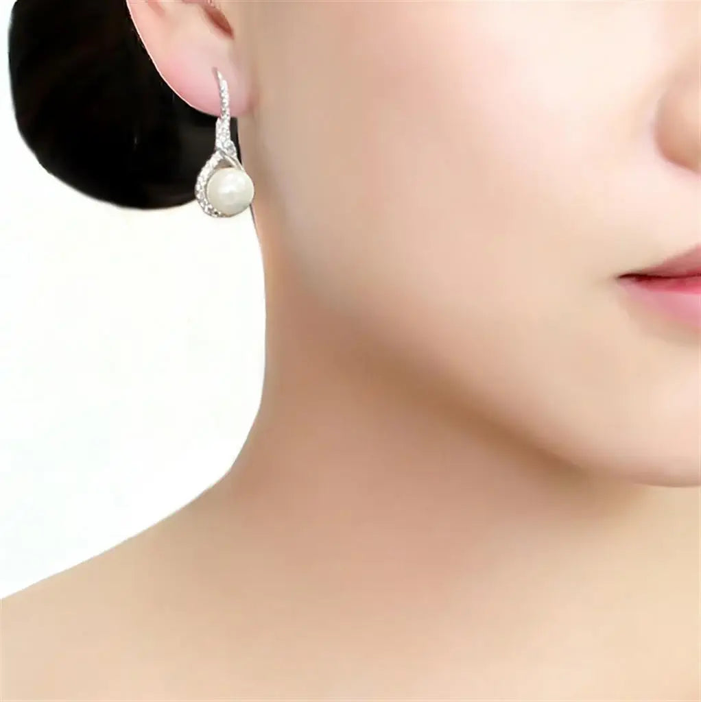 3W1478 - Rhodium Brass Earrings with Synthetic Pearl in White - Alamode - Flyclothing LLC