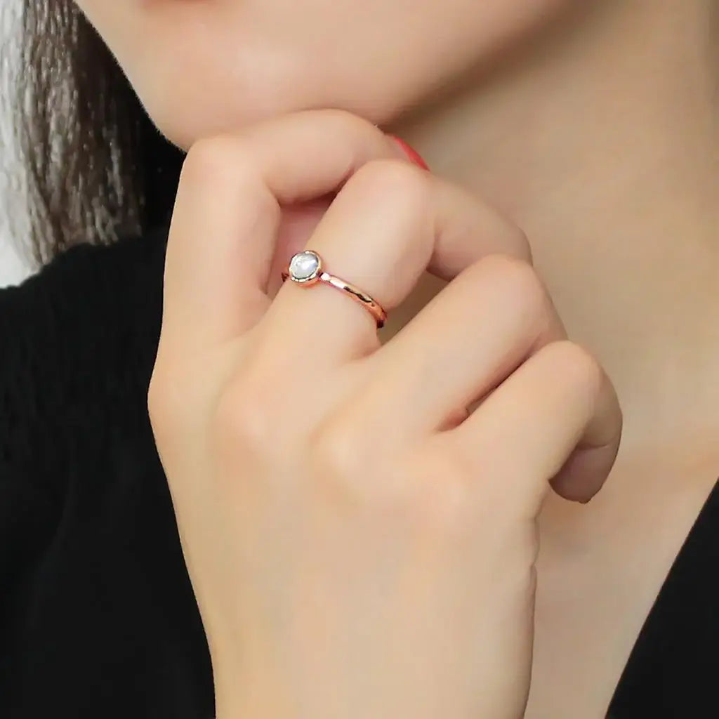 3W1493 - Rose Gold Brass Ring with Synthetic Synthetic Glass in Aquamarine - Alamode - Flyclothing LLC