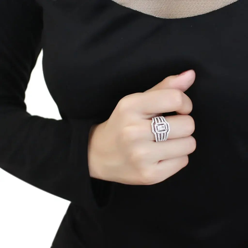 3W1503 - Rhodium Brass Ring with AAA Grade CZ in Clear - Alamode - Flyclothing LLC