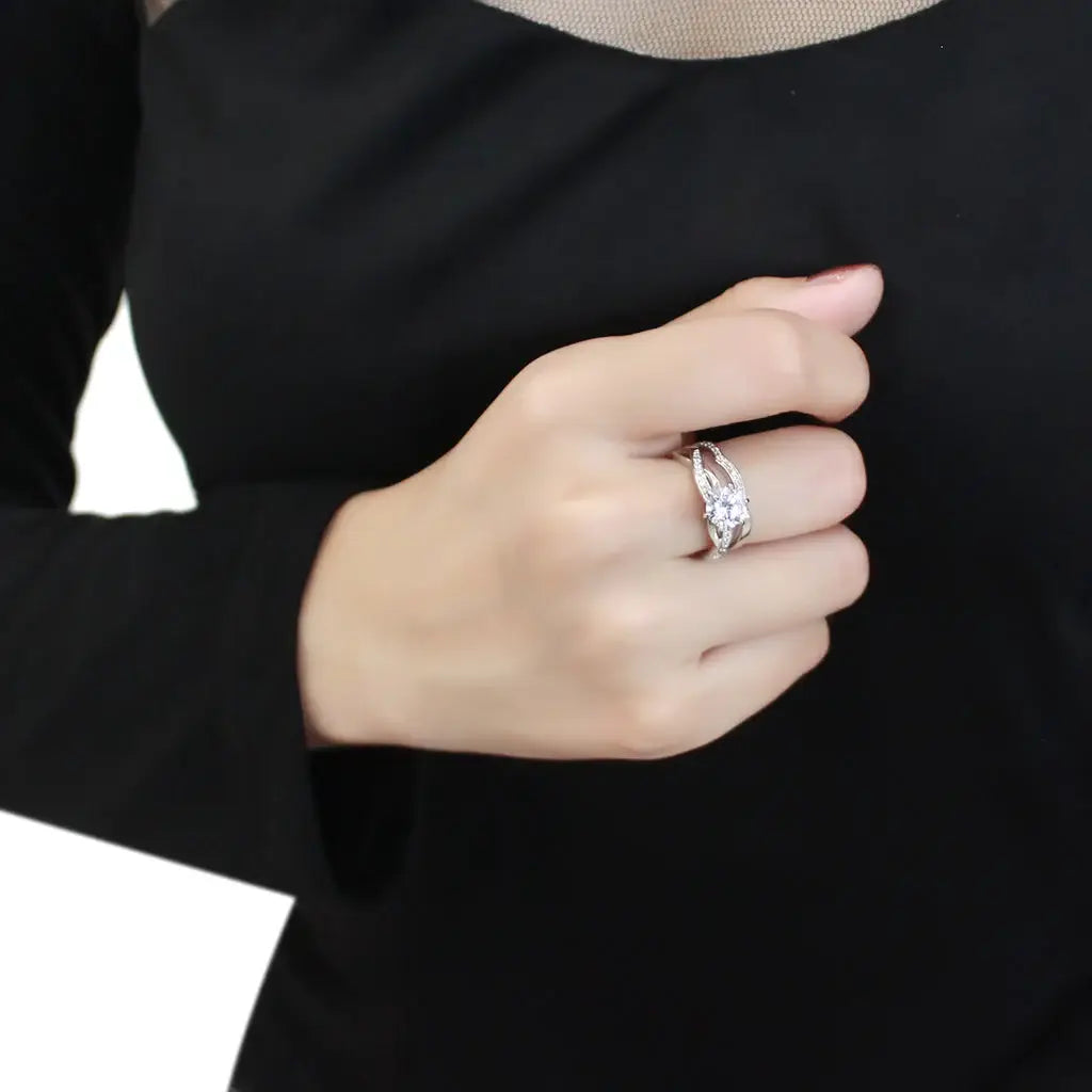 3W1514 - Rhodium Brass Ring with AAA Grade CZ in Clear - Alamode - Flyclothing LLC