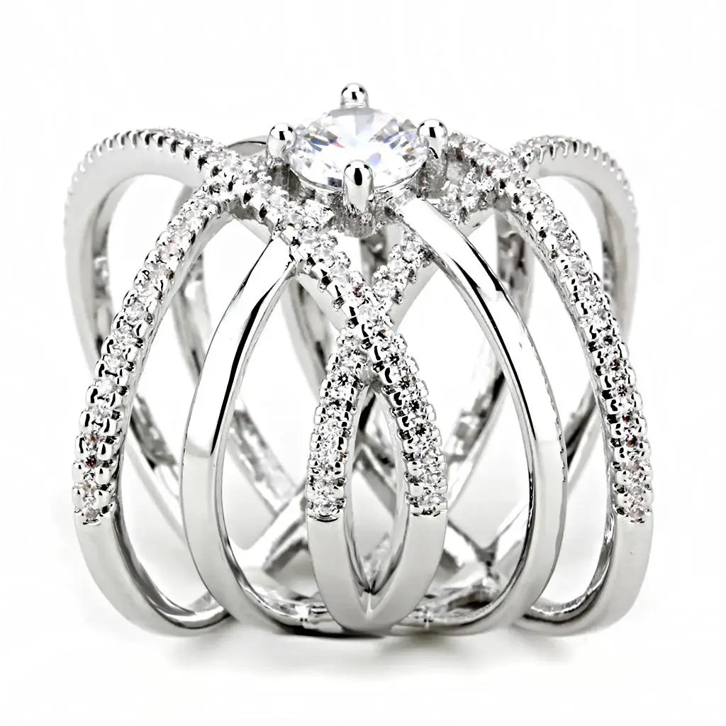 3W1528 - Rhodium Brass Ring with AAA Grade CZ in Clear - Alamode - Flyclothing LLC