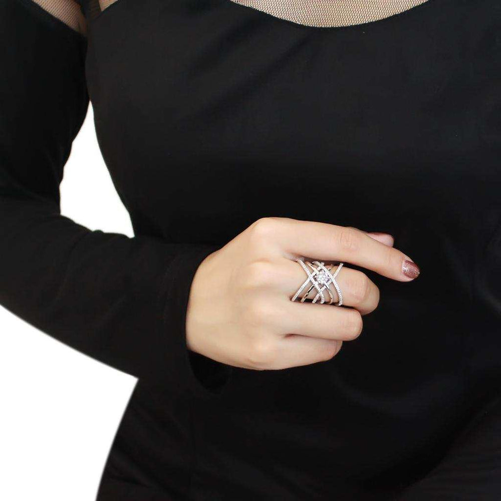 3W1528 - Rhodium Brass Ring with AAA Grade CZ in Clear - Alamode - Flyclothing LLC