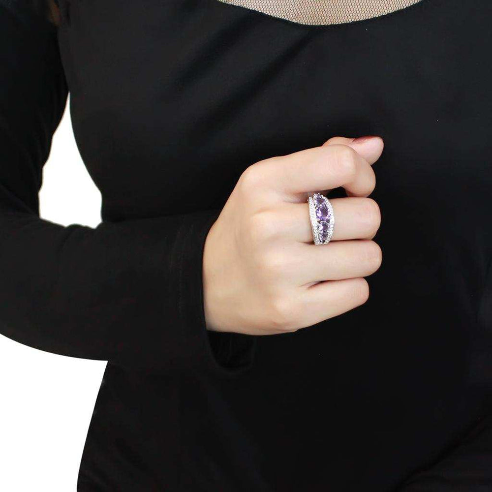 3W1530 - Rhodium Brass Ring with Synthetic in Amethyst - Alamode - Flyclothing LLC