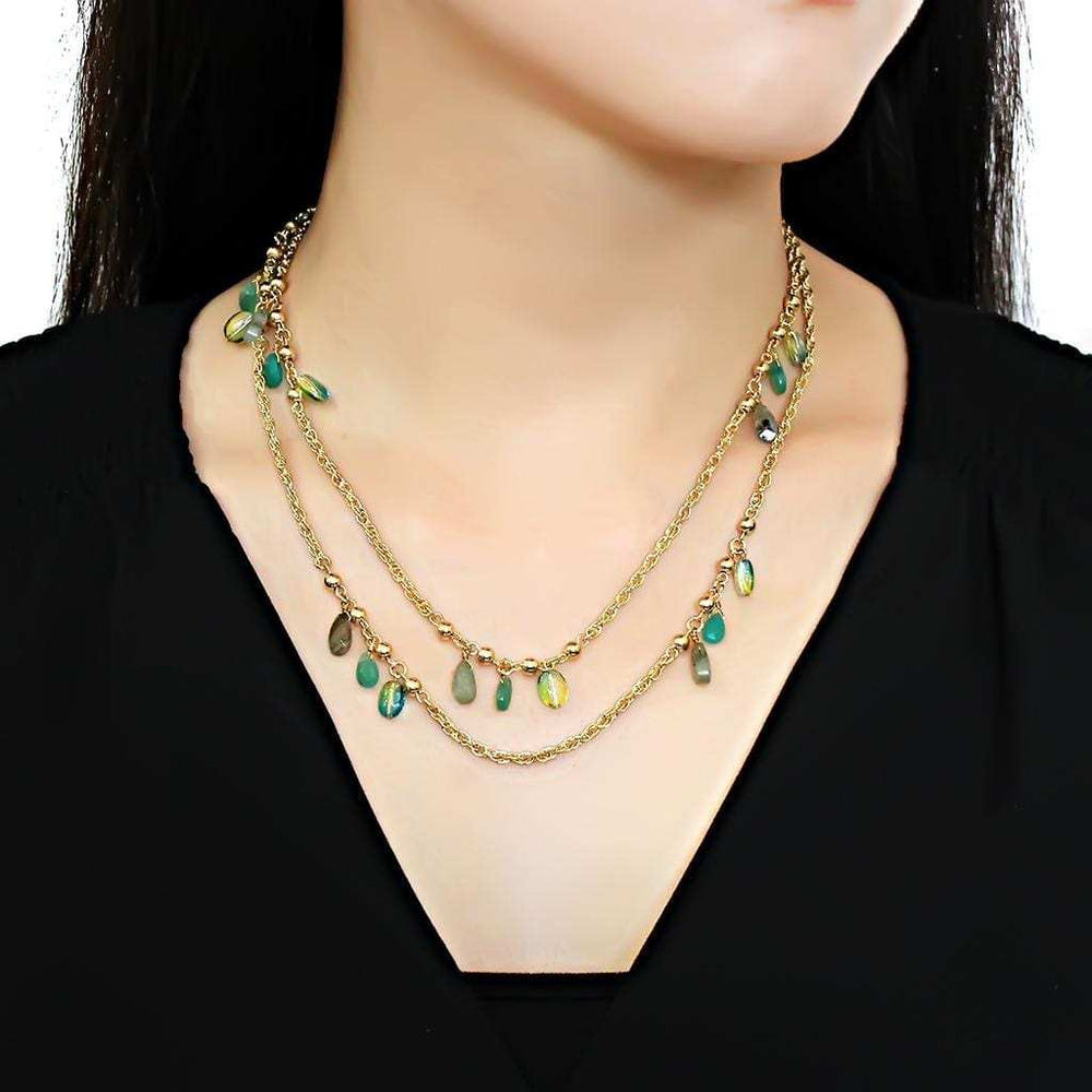 3W1537 - Gold Brass Necklace with Synthetic Jade in Emerald - Alamode - Flyclothing LLC