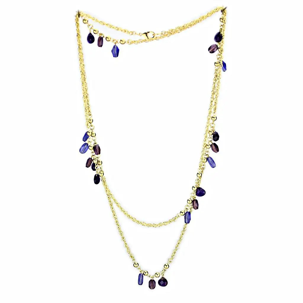 3W1538 - Gold Brass Necklace with Semi-Precious Amethyst Crystal in Amethyst - Alamode - Flyclothing LLC