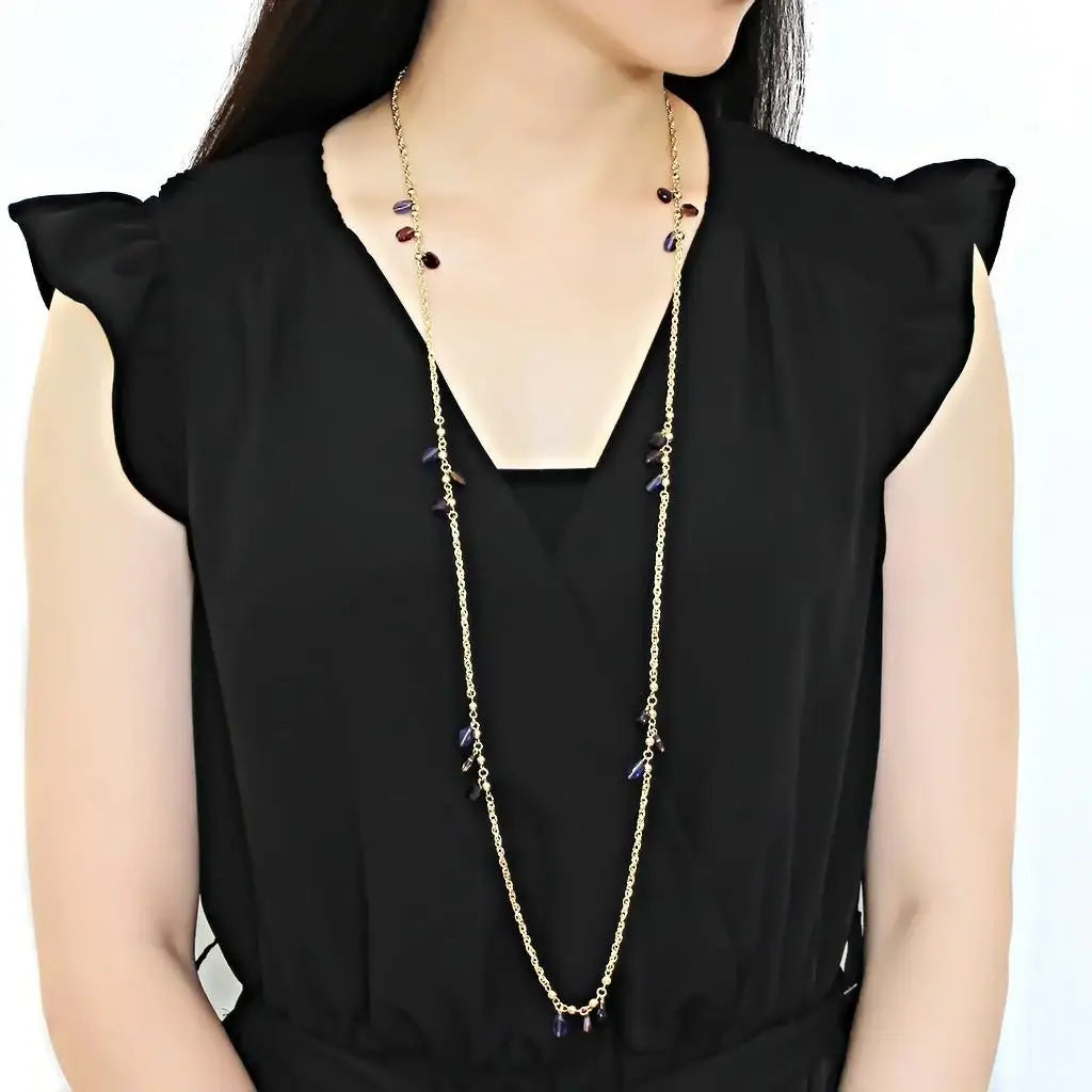 3W1538 - Gold Brass Necklace with Semi-Precious Amethyst Crystal in Amethyst - Alamode - Flyclothing LLC
