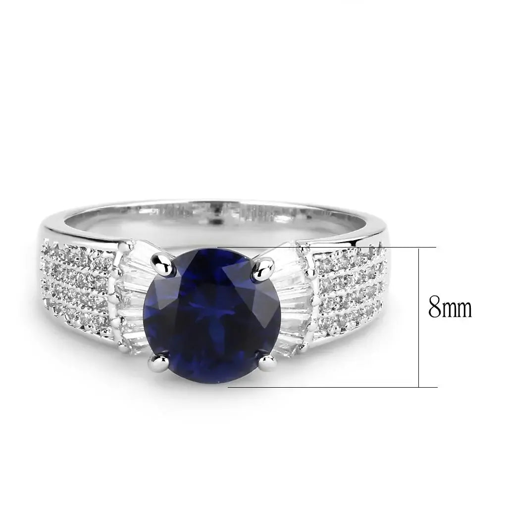 3W1562 - Rhodium Brass Ring with Synthetic Spinel in London Blue - Alamode - Flyclothing LLC