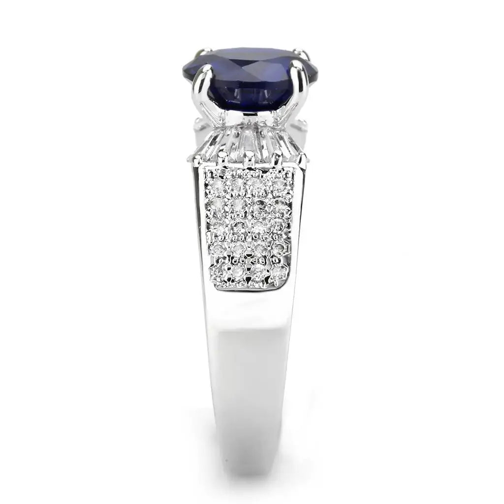 3W1562 - Rhodium Brass Ring with Synthetic Spinel in London Blue - Alamode - Flyclothing LLC