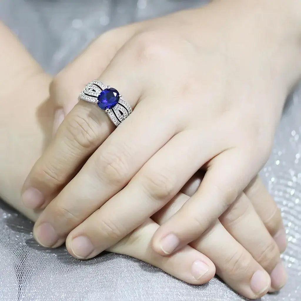 3W1564 - Rhodium Brass Ring with Synthetic Spinel in London Blue - Alamode - Flyclothing LLC