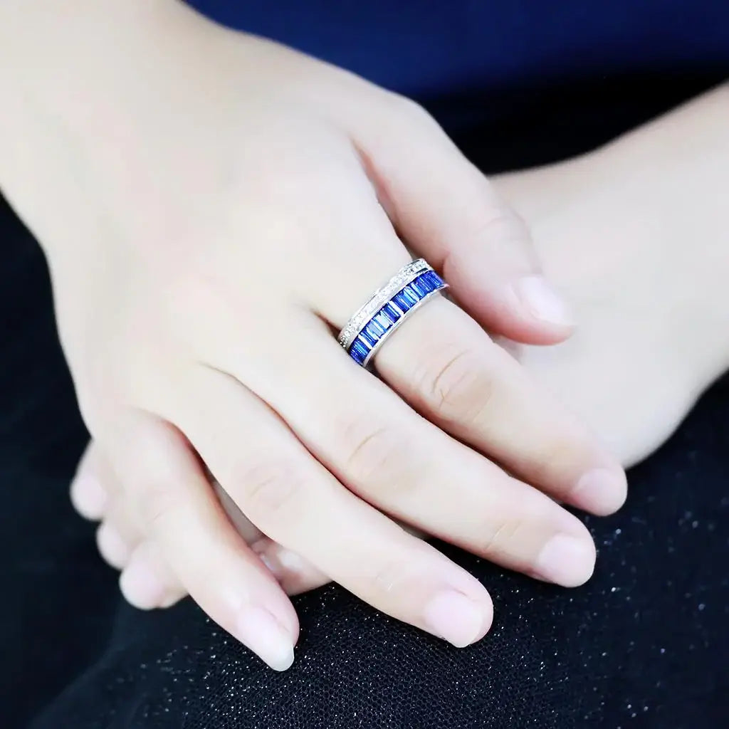 3W1568 - Rhodium Brass Ring with Synthetic Spinel in London Blue - Alamode - Flyclothing LLC