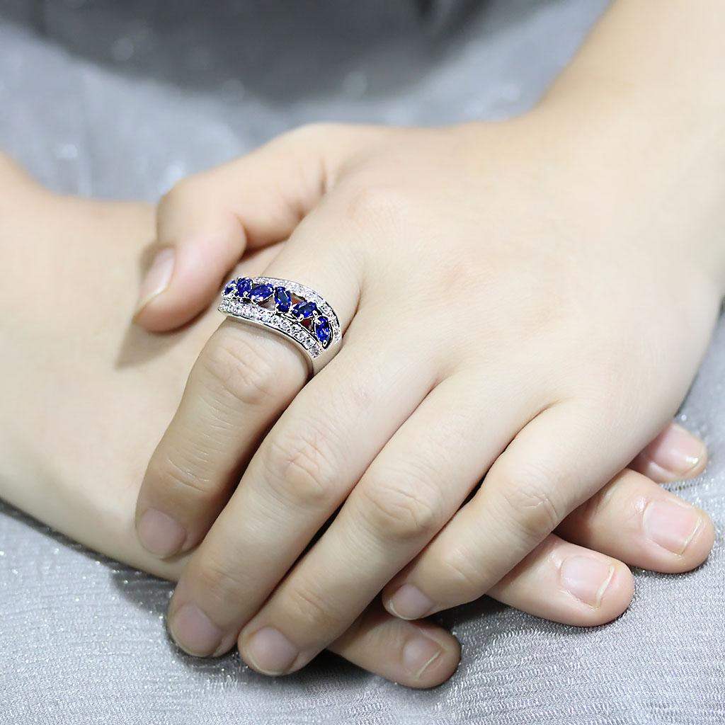 3W1569 - Rhodium Brass Ring with Synthetic Spinel in London Blue - Alamode - Flyclothing LLC