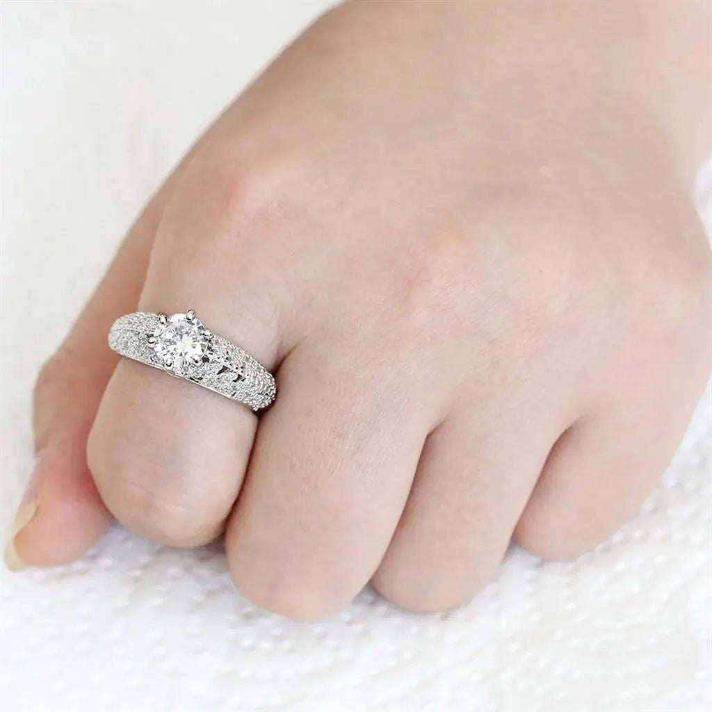 3W1576 - Rhodium Brass Ring with AAA Grade CZ in Clear - Alamode - Flyclothing LLC