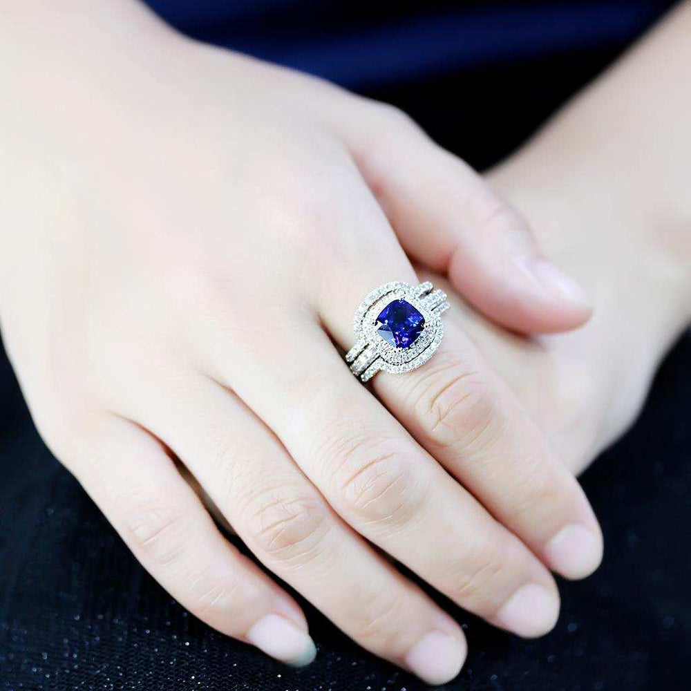 3W1599 - Rhodium Brass Ring with Synthetic Spinel in London Blue - Alamode - Flyclothing LLC