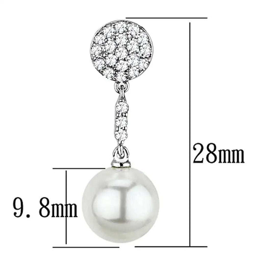 3W350 - Rhodium Brass Earrings with Synthetic Pearl in White - Alamode - Flyclothing LLC