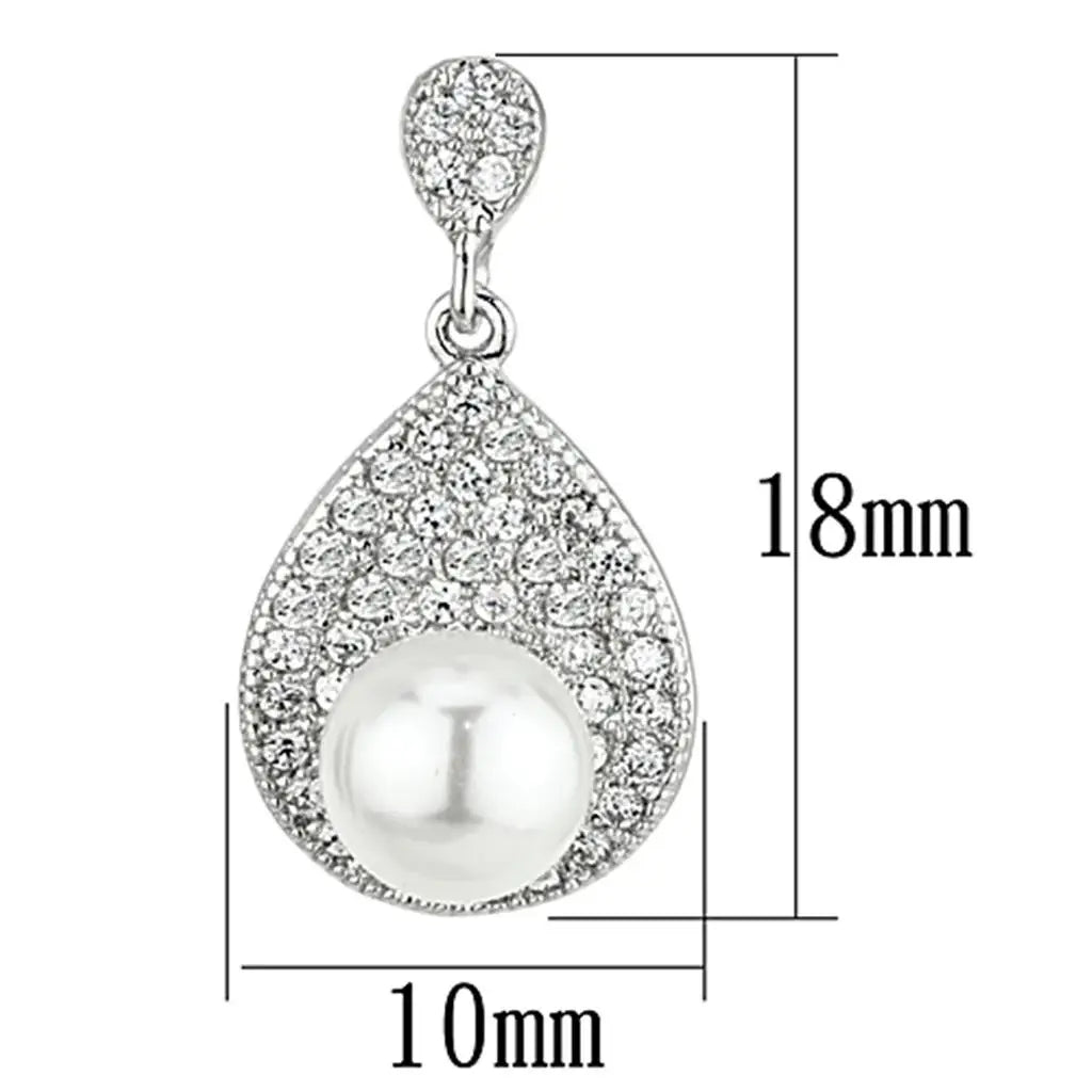 3W384 - Rhodium Brass Earrings with Synthetic Pearl in White - Alamode - Flyclothing LLC