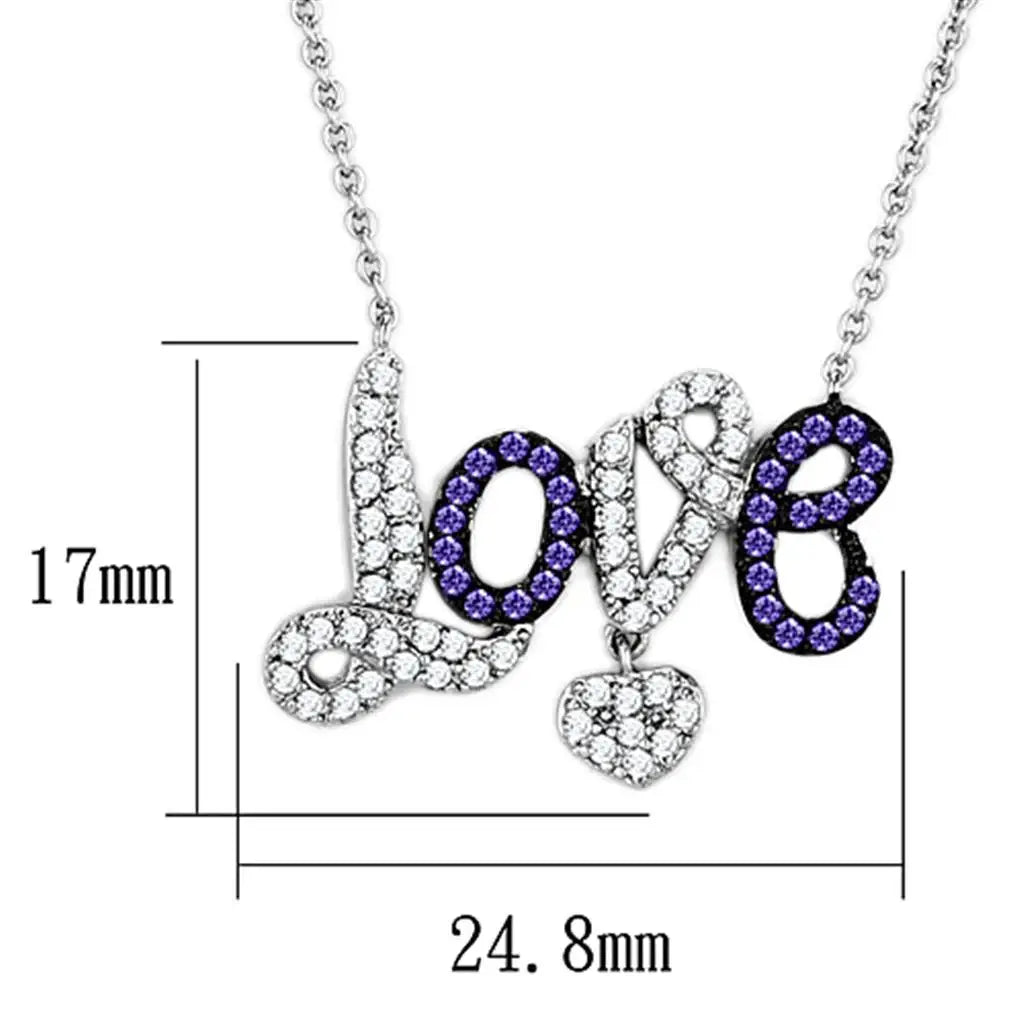 3W414 - Rhodium + Ruthenium Brass Necklace with AAA Grade CZ in Amethyst - Alamode - Flyclothing LLC