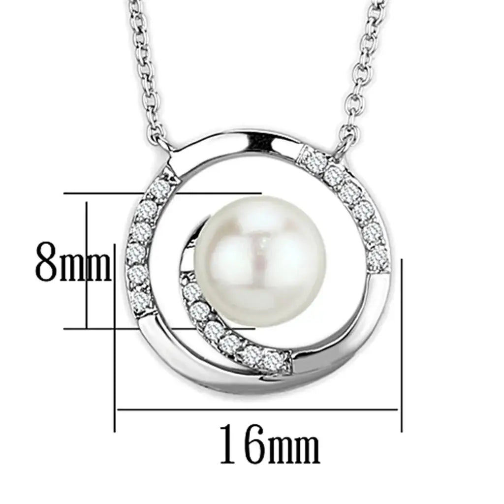 3W444 - Rhodium Brass Necklace with Synthetic Pearl in White - Alamode - Flyclothing LLC