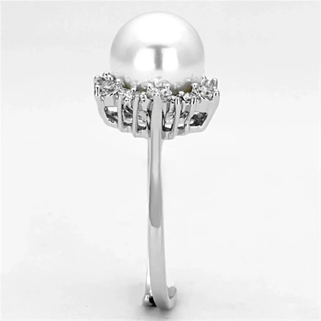 3W477 - Rhodium Brass Ring with Synthetic Pearl in White - Alamode - Flyclothing LLC