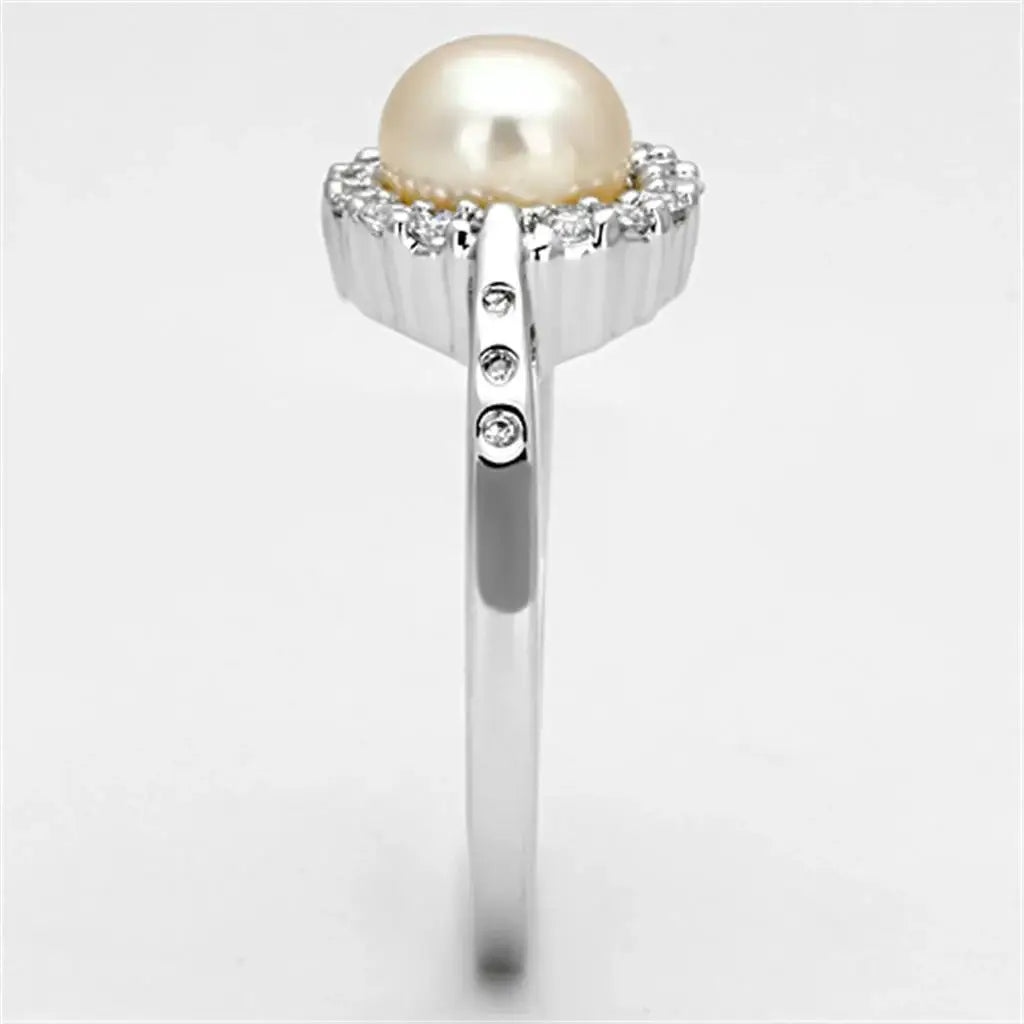 3W487 - Rhodium Brass Ring with Synthetic Pearl in White - Alamode - Flyclothing LLC
