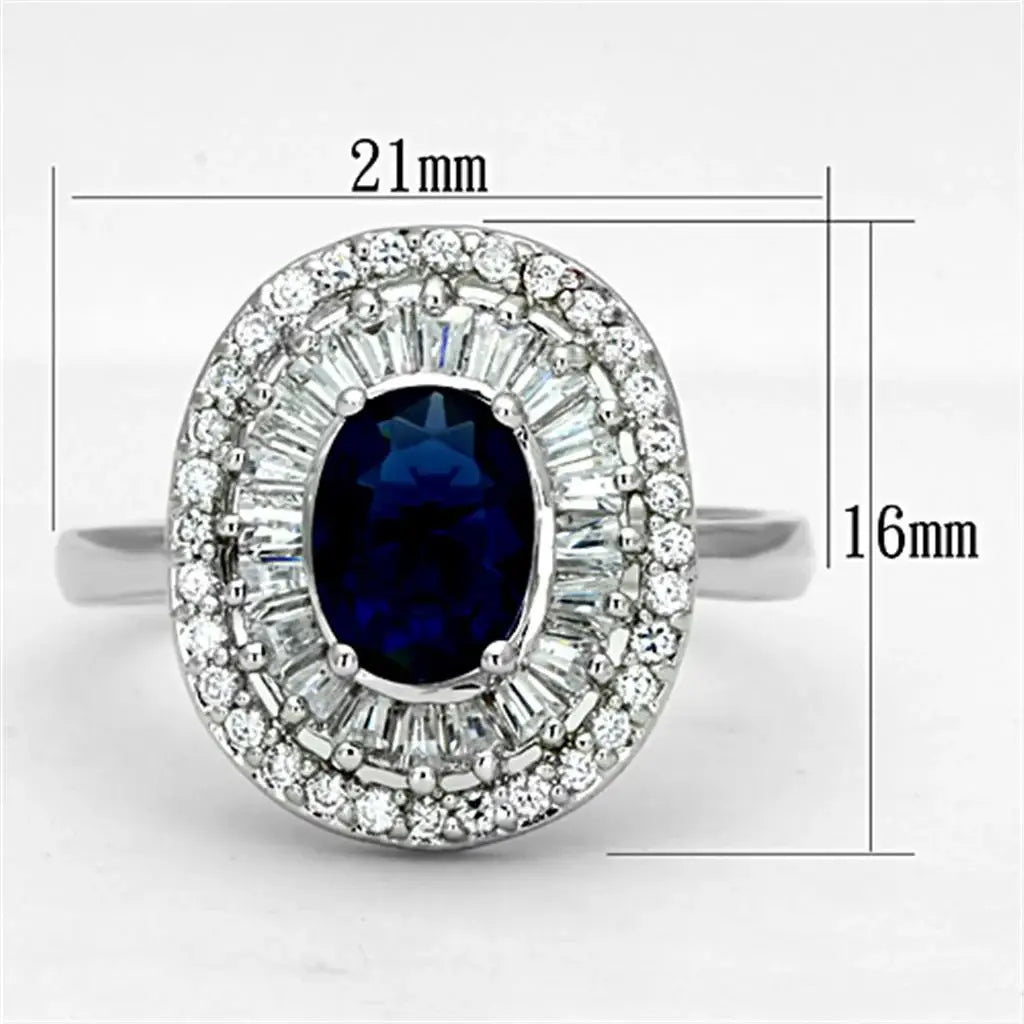 3W495 - Rhodium Brass Ring with Synthetic Synthetic Glass in Sapphire - Alamode - Flyclothing LLC