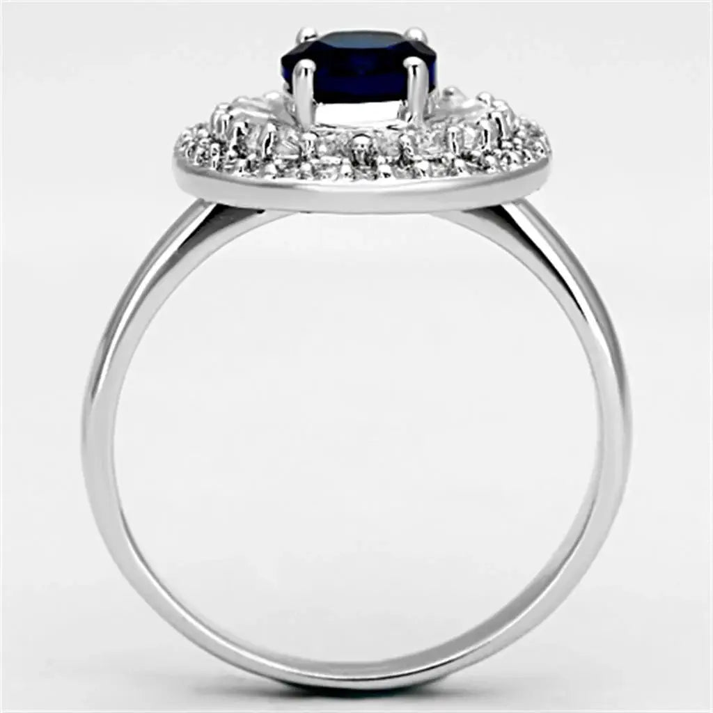 3W495 - Rhodium Brass Ring with Synthetic Synthetic Glass in Sapphire - Alamode - Flyclothing LLC