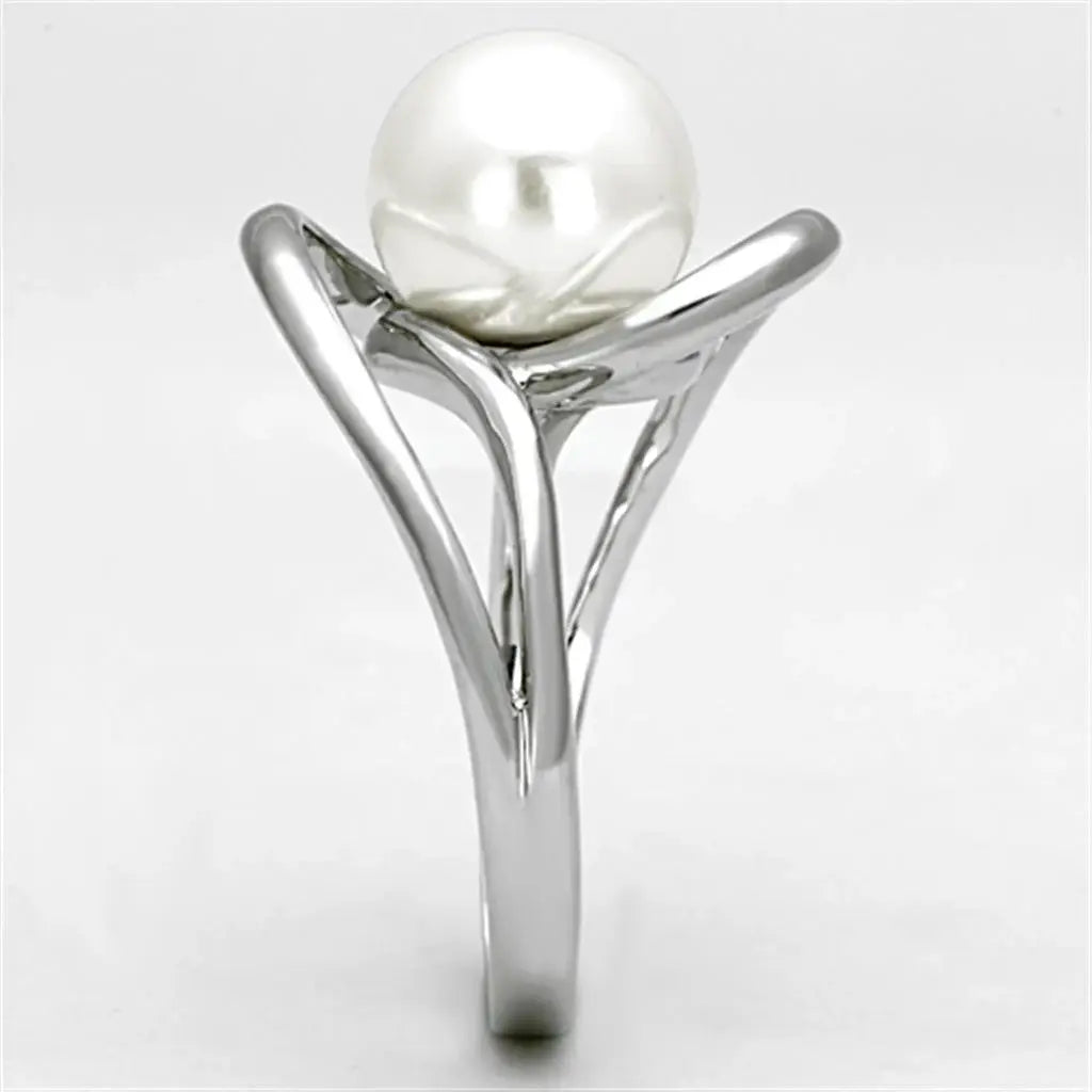 3W512 - Rhodium Brass Ring with Synthetic Pearl in White - Alamode - Flyclothing LLC