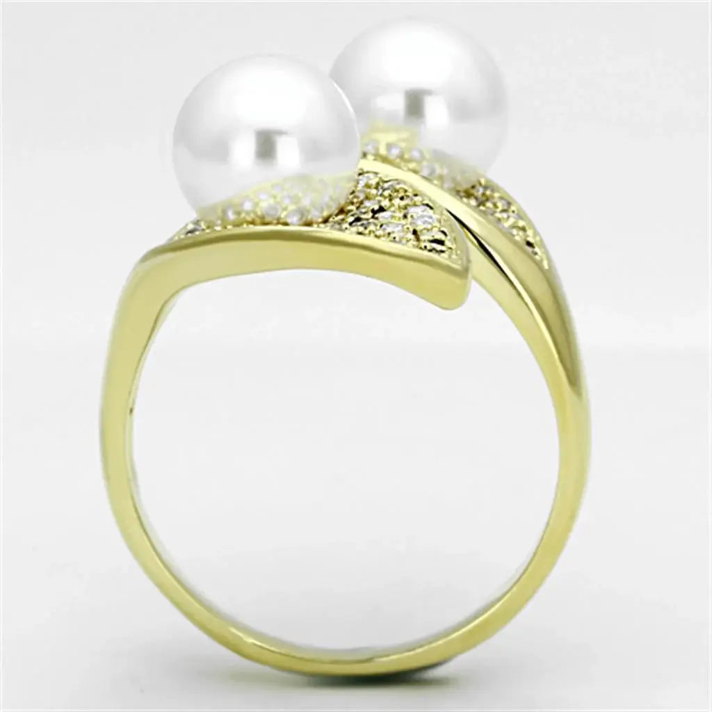 3W522 - Gold Brass Ring with Synthetic Pearl in White - Alamode - Flyclothing LLC
