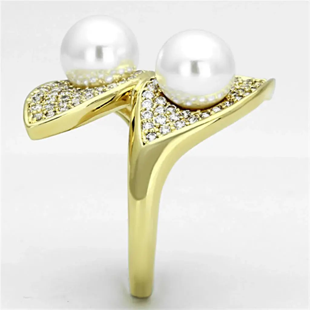 3W522 - Gold Brass Ring with Synthetic Pearl in White - Alamode - Flyclothing LLC