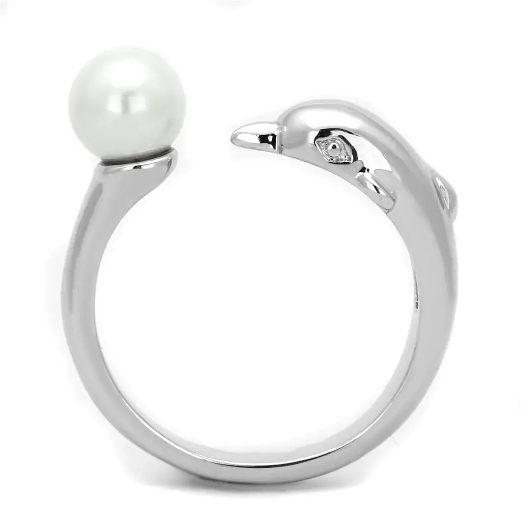 3W587 - Rhodium Brass Ring with Synthetic Pearl in White - Alamode - Flyclothing LLC