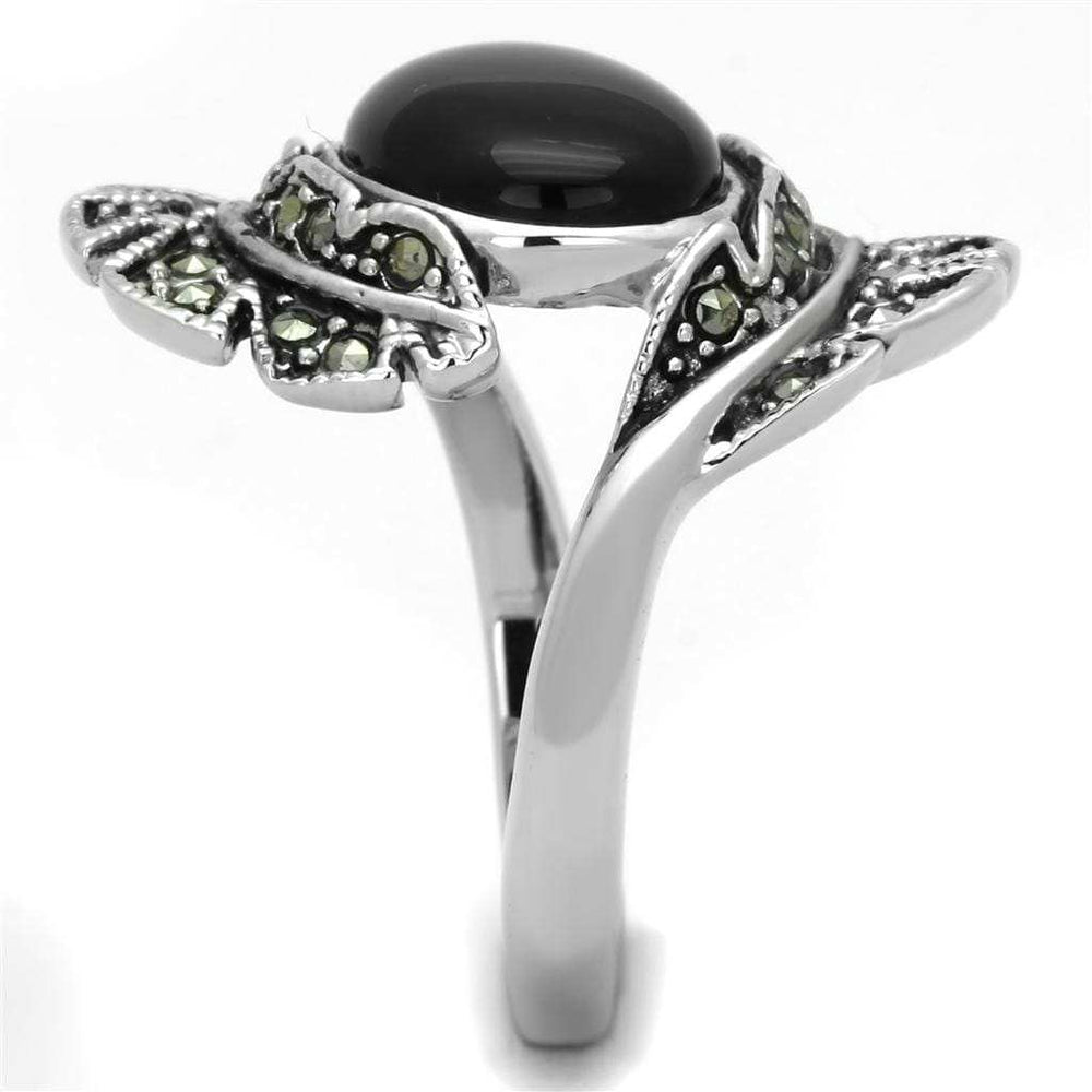 3W597 - Rhodium Brass Ring with Synthetic Onyx in Jet - Alamode - Flyclothing LLC