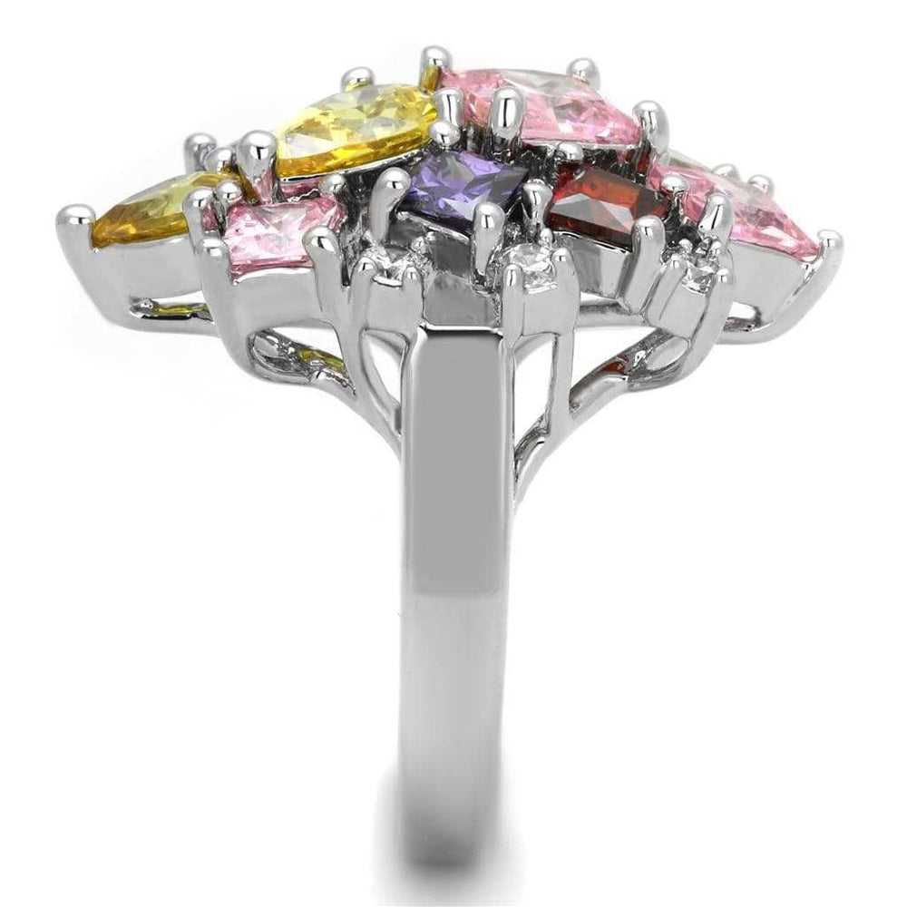 Ela Cocktail Ring - Rhodium Brass, AAA CZ , Multi Color - 3W599 - Alamode - Flyclothing LLC
