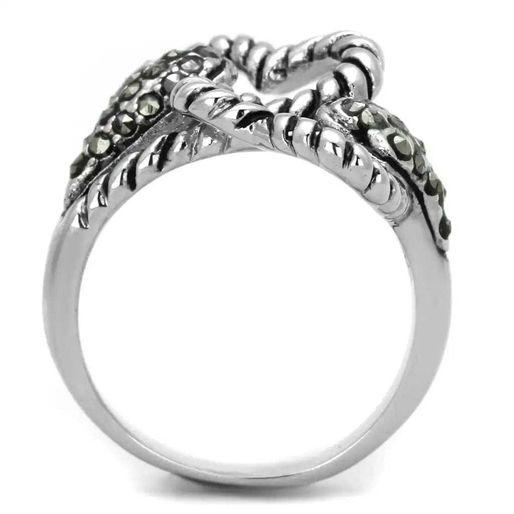 3W608 - Rhodium Brass Ring with Synthetic Marcasite in Black Diamond - Alamode - Flyclothing LLC