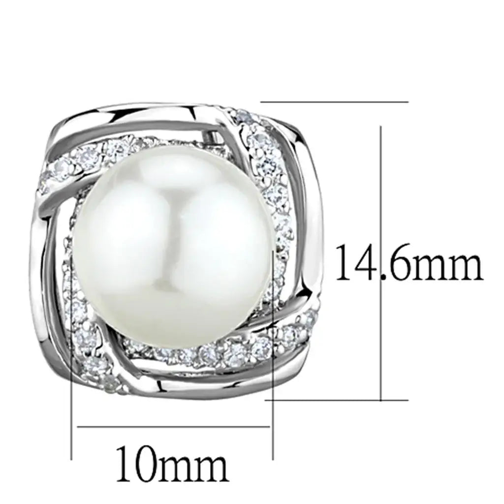 3W678 - Rhodium Brass Earrings with Synthetic Pearl in White - Alamode - Flyclothing LLC
