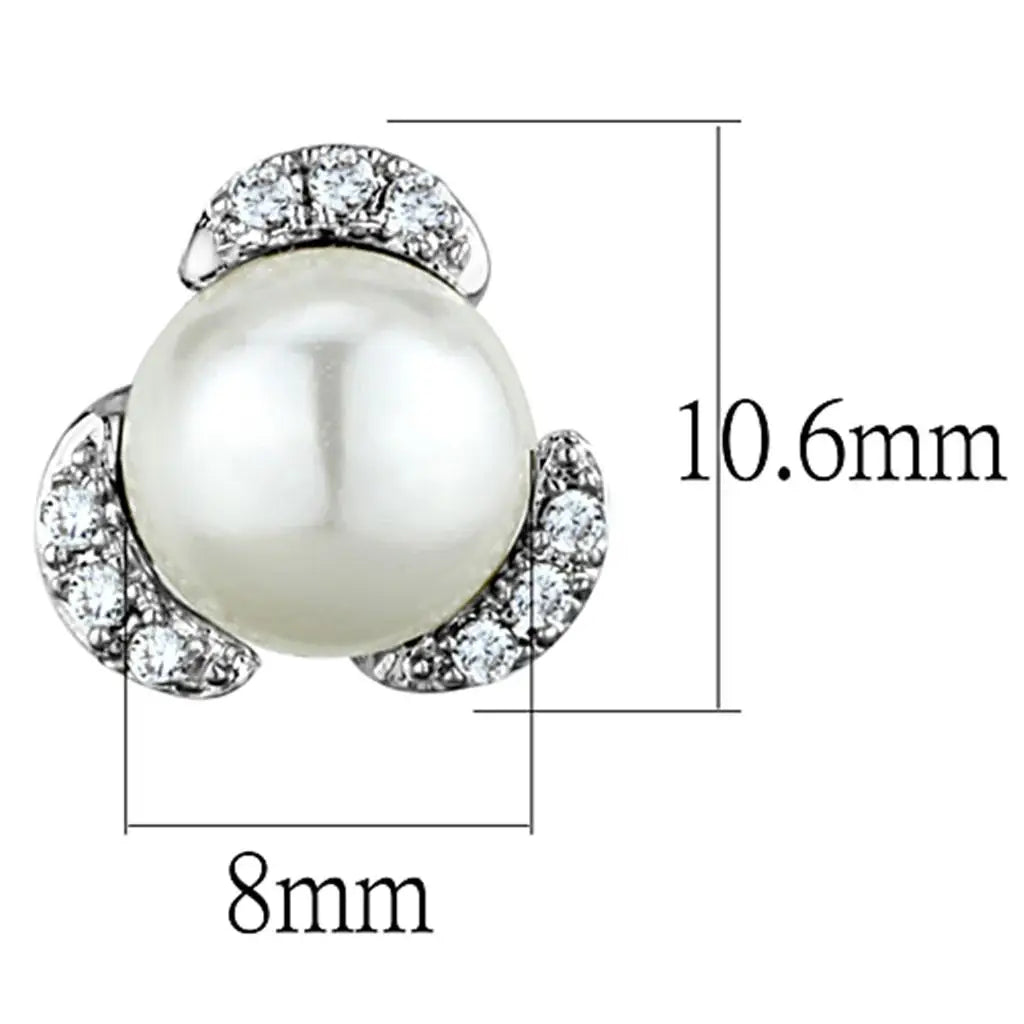 3W686 - Rhodium Brass Earrings with Synthetic Pearl in White - Alamode - Flyclothing LLC
