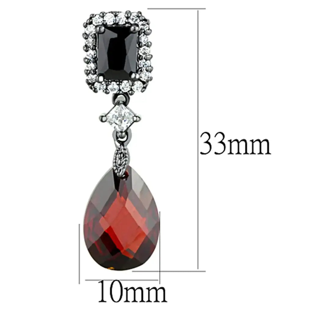 3W704 - Ruthenium Brass Earrings with AAA Grade CZ in Garnet - Alamode - Flyclothing LLC