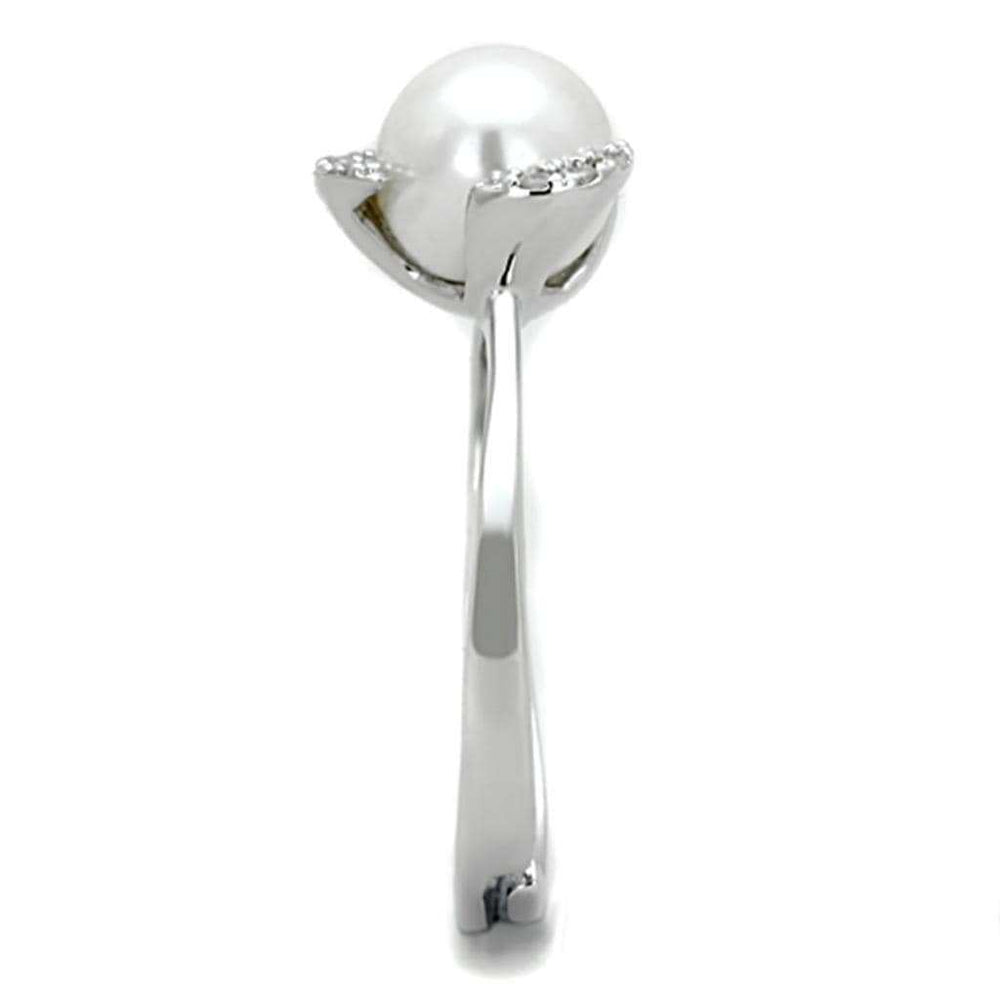 3W722 - Rhodium Brass Ring with Synthetic Pearl in White - Alamode - Flyclothing LLC