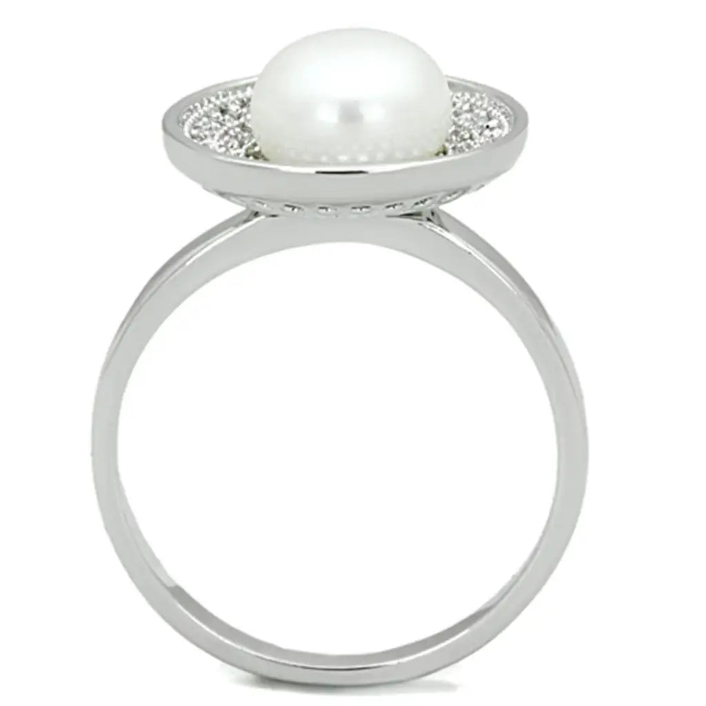 3W755 - Rhodium Brass Ring with Synthetic Pearl in White - Alamode - Flyclothing LLC