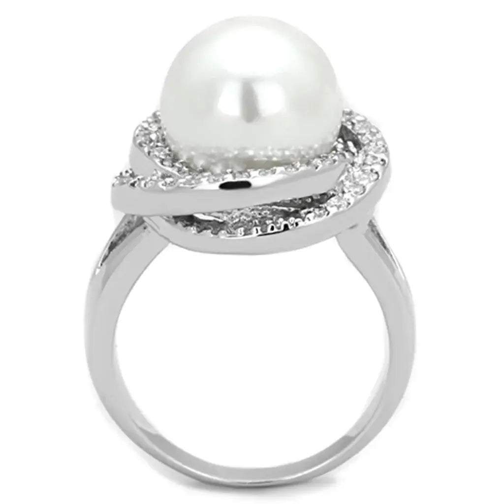 3W759 - Rhodium Brass Ring with Synthetic Pearl in White - Alamode - Flyclothing LLC