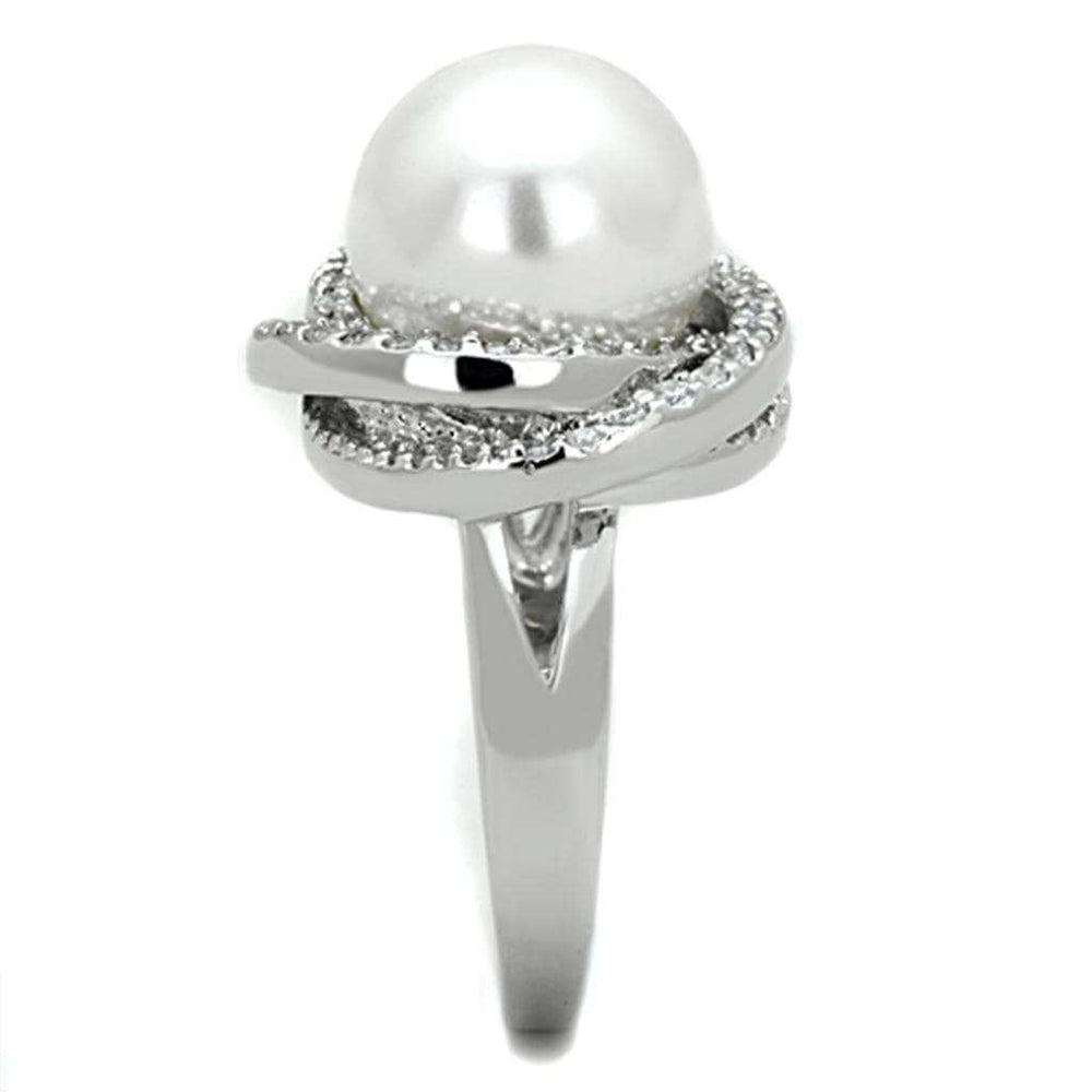 3W759 - Rhodium Brass Ring with Synthetic Pearl in White - Alamode - Flyclothing LLC