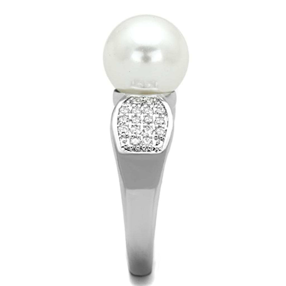 3W761 - Rhodium Brass Ring with Synthetic Pearl in White - Alamode - Flyclothing LLC