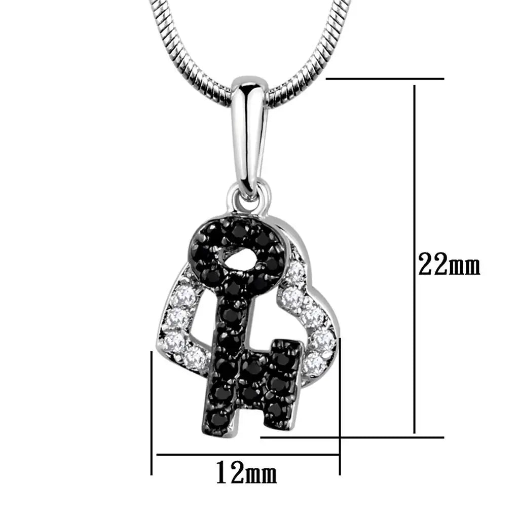 3W799 - Rhodium + Ruthenium Brass Chain Pendant with AAA Grade CZ in Black Diamond - Alamode - Flyclothing LLC