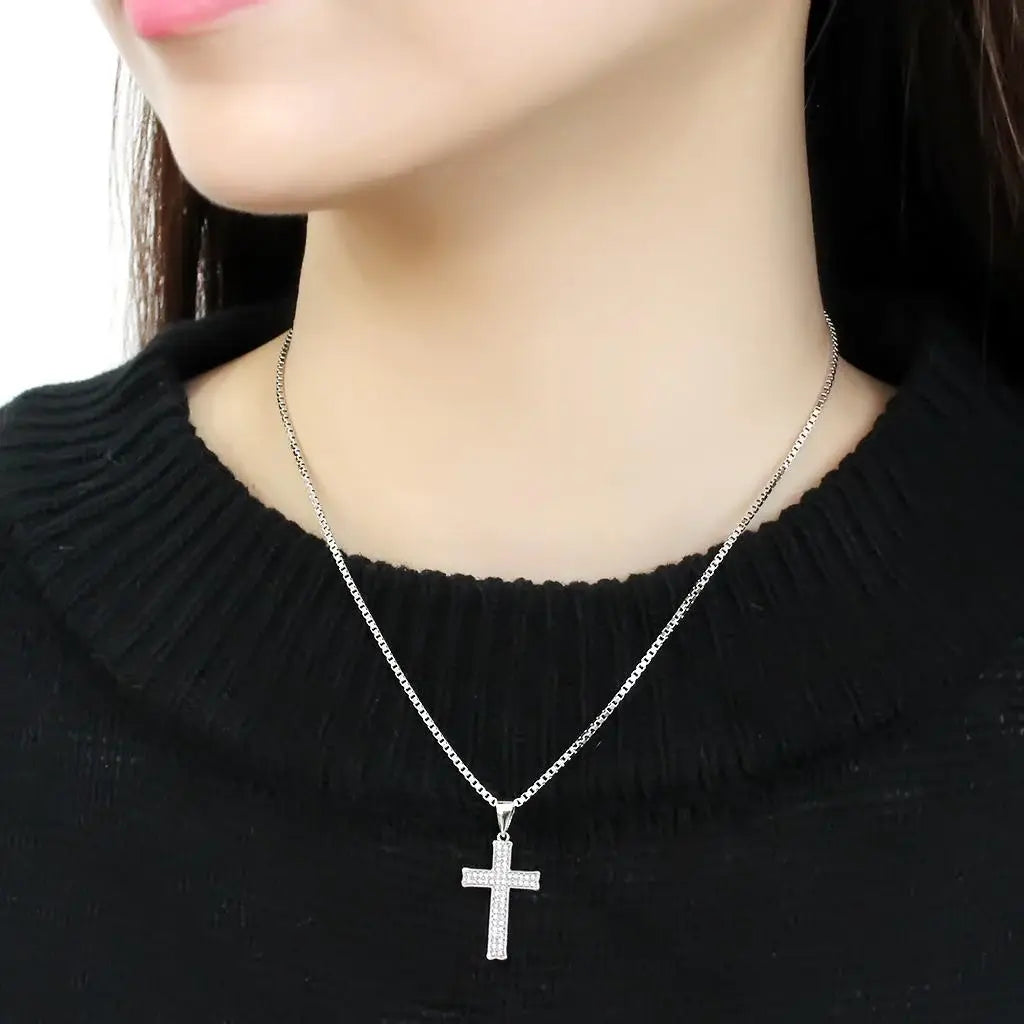 3W846 - Rhodium Brass Chain Pendant with AAA Grade CZ in Clear - Alamode - Flyclothing LLC