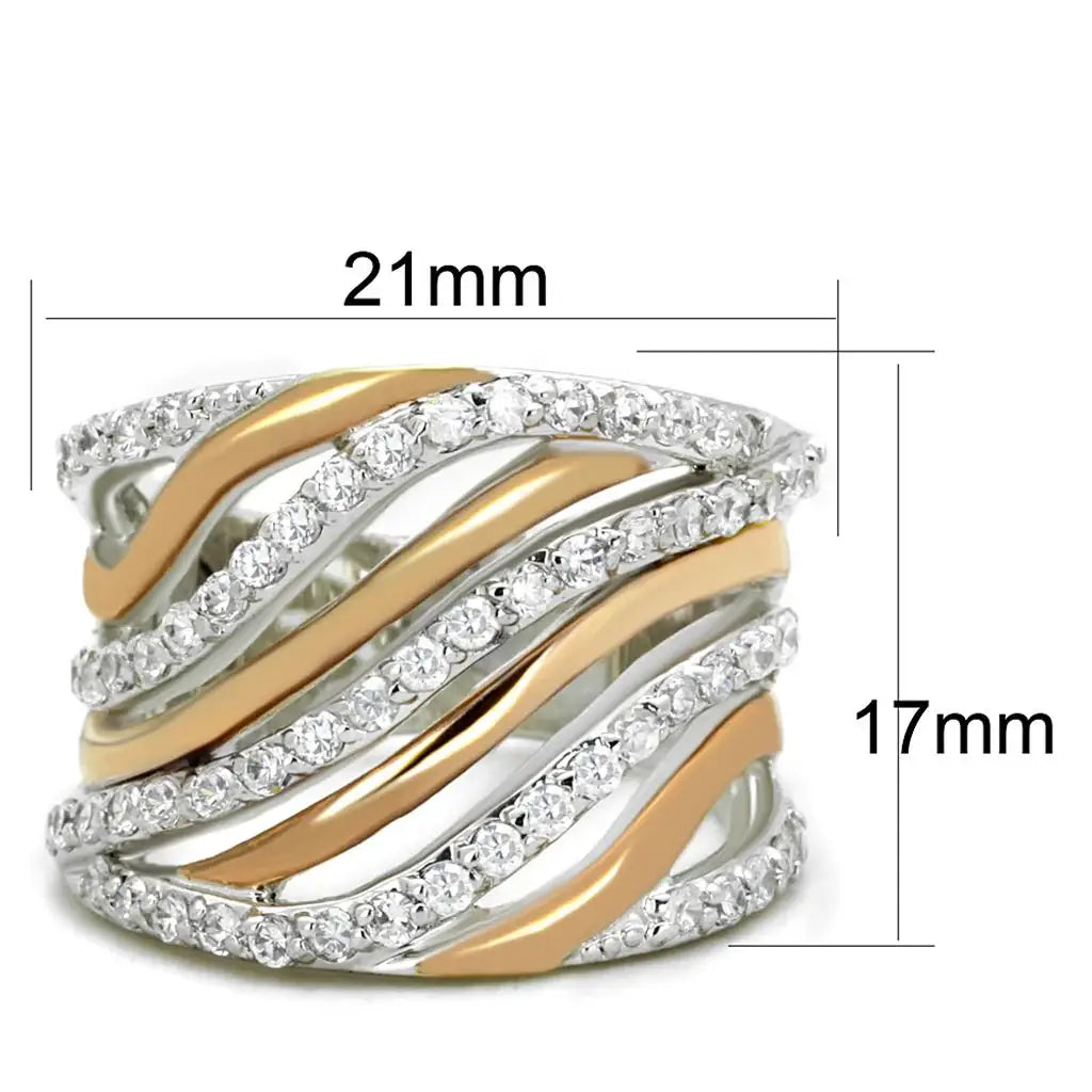 3W857 - Rose Gold + Rhodium Brass Ring with AAA Grade CZ in Clear - Alamode - Flyclothing LLC