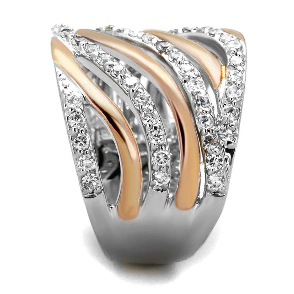 3W857 - Rose Gold + Rhodium Brass Ring with AAA Grade CZ in Clear - Alamode - Flyclothing LLC