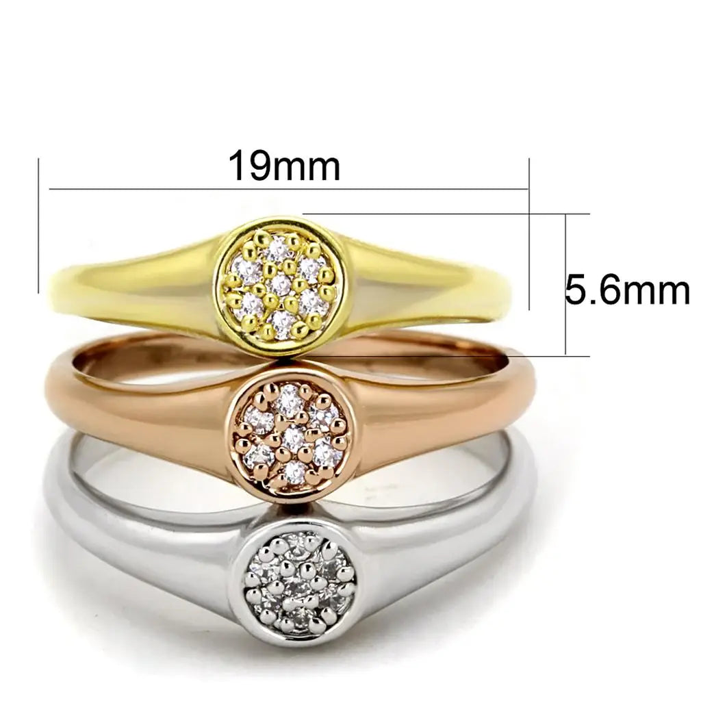 3W862 - Rhodium + Gold + Rose Gold Brass Ring with AAA Grade CZ in Clear - Alamode - Flyclothing LLC