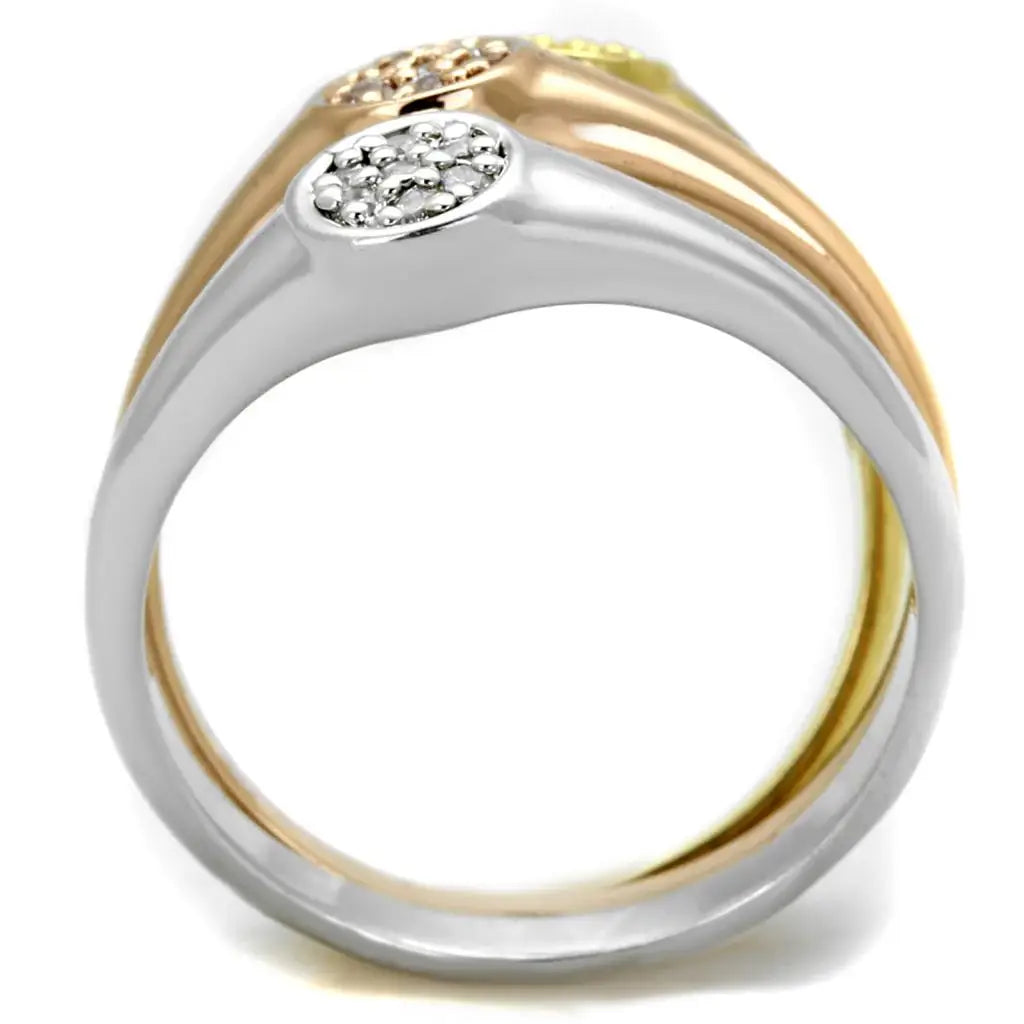 3W862 - Rhodium + Gold + Rose Gold Brass Ring with AAA Grade CZ in Clear - Alamode - Flyclothing LLC