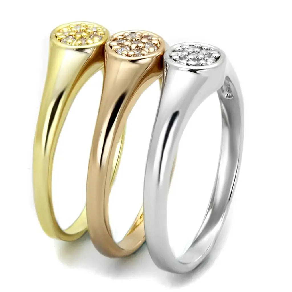 3W862 - Rhodium + Gold + Rose Gold Brass Ring with AAA Grade CZ in Clear - Alamode - Flyclothing LLC
