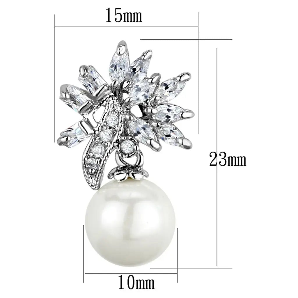 3W888 - Rhodium Brass Earrings with Synthetic Pearl in White - Alamode - Flyclothing LLC