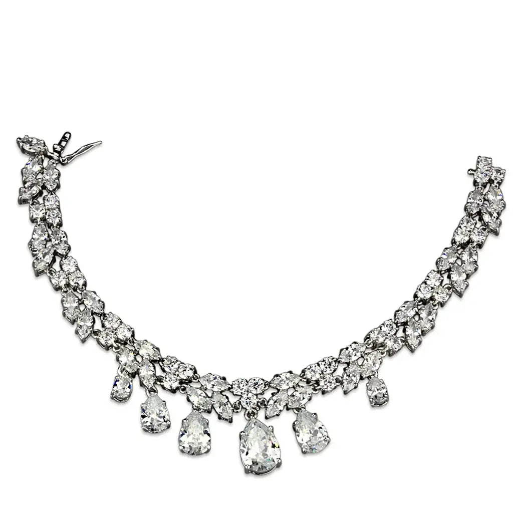 3W925 - Rhodium Brass Jewelry Sets with AAA Grade CZ in Clear - Alamode - Flyclothing LLC
